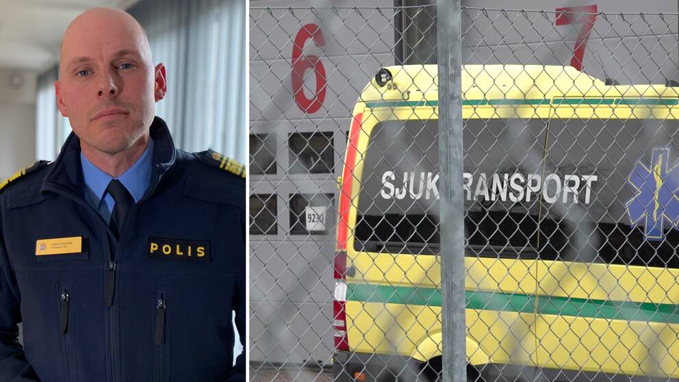 Bild på en uniformerad polis och en bild på en gul sjuktransport vid ett stängsel. Polisen heter Lars Eckerdal och är polisområdeschef i Fyrbodal. Han berättar i klippet om vilken sjukdomsinfo som polisen kan få när de omhändertar en påverkad person.