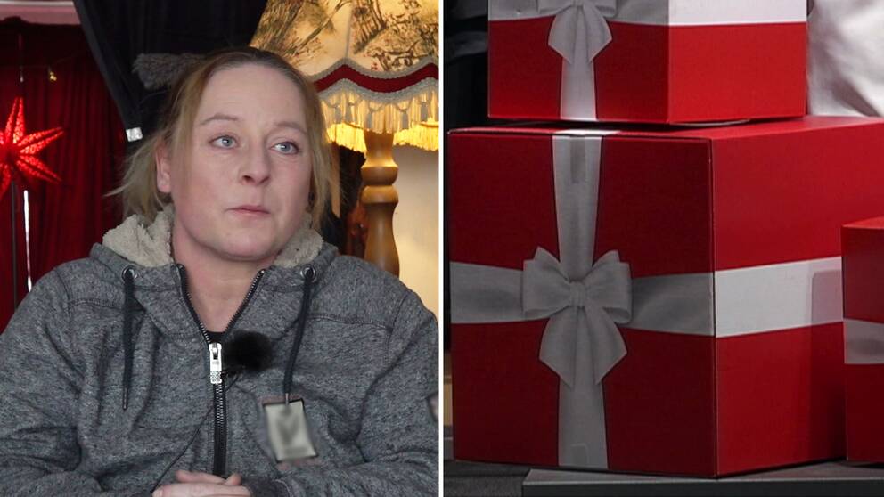Bild på kvinna och julklappar. Kvinnan heter Jessica Enoksson och jobbar som hjälparbetare i Laholms kommun där hon möter familjer som inte har råd att köpa julklappar trots minskat ekonomiskt bistånd.