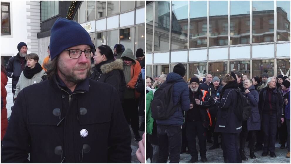 Svante Löfstedt och ett hundratal av hans kollegor står framför Centralstationen i Stockholm.