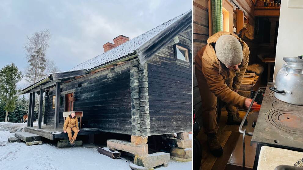 Bild på ett trähus och en kvinna som värmer upp en ugn. Kvinnan heter  Gabriella Andelius och bor i huset ute i skogen i Ulricehamn efter att hon lämnat lägenheten och lever nu utan el och rinnande vatten.