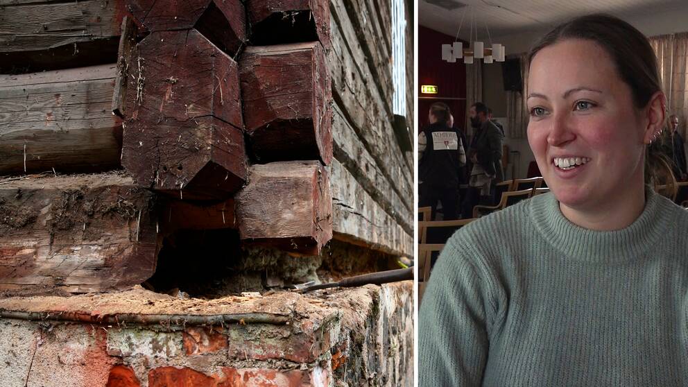 Timmerknut på gammalt hus och en posträttbild av Josefine Bruhn Molin