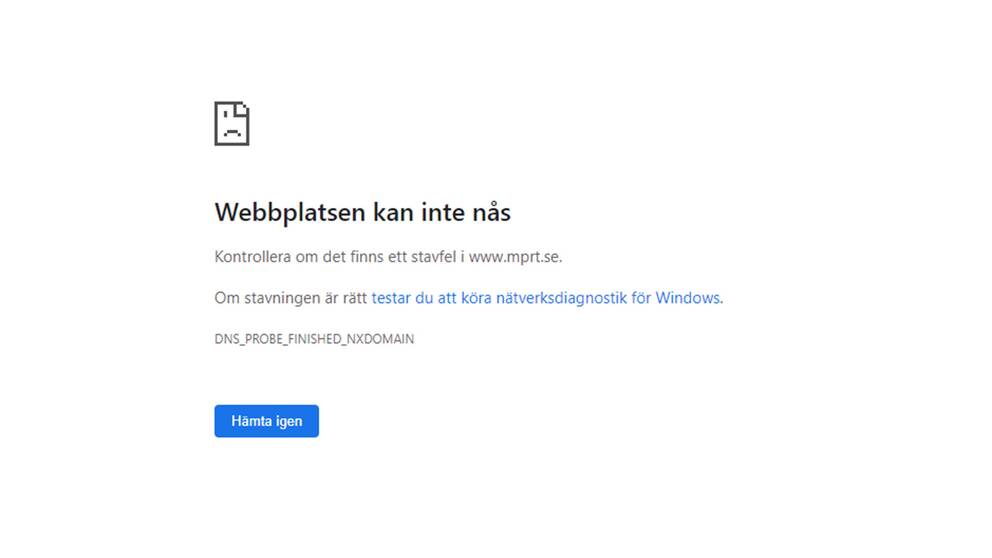 Flera myndigheters sidor hade tekniska problem under torsdagseftermiddagen. Däribland myndigheten för press, radio och tv. Error-sida visas på bilden.