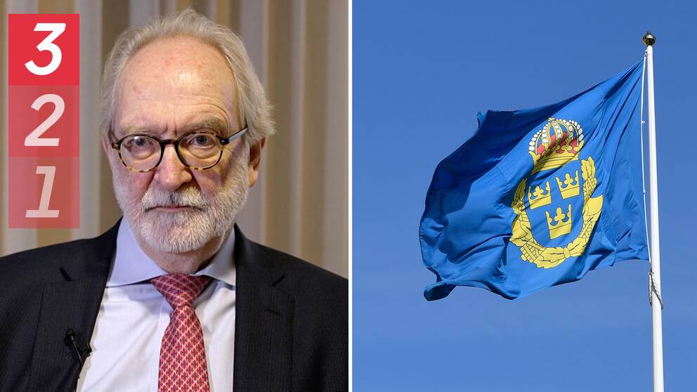 En flagga med polisens logga, samt en bild på arbetsrättsjuristen Tommy Iseskog.