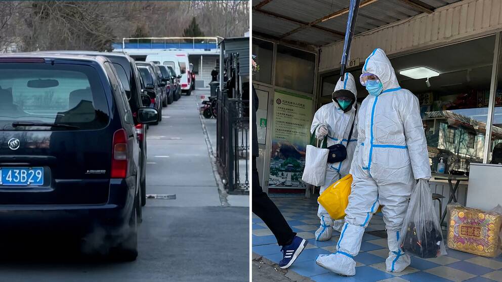 Bilar står i kö, bredvid bild på personer i heltäckande skyddsutrustning.