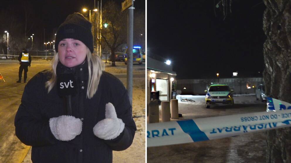 Reporter står med mikrofon vid platsen. Bredvid bild på platsen där en polisbil står bredvid en liggande cykel.