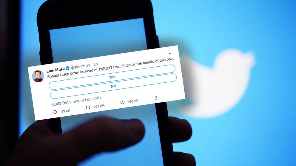 Elon Musk vänder sig till Twitteranvändarna i ett inlägg på appen – ”Ska jag avgå som chef? Jag kommer att följa resultatet” står det i hans omröstning.