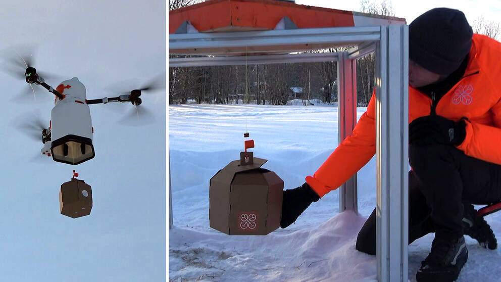 Delad bild. Till vänster drönare som flyger med paket hängande från botten. Till höger person som utomhus i snöig miljö fäster samma paket under en ställning.