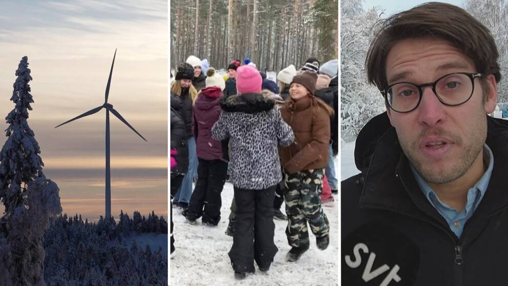Tredelad bild – en bild på en vindkraftverk i snö, ett på barn som dansar och en tredje bild på en man med brunt och glasögon.
