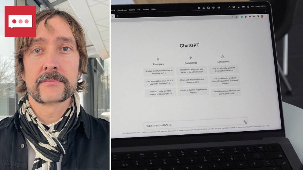 Bild på man med mustasch och scarf och en bild på en dator där det står ChatGPT. Mannen heter Jonas Ivarsson och är professor i informatik vid Göteborgs universitet. . Han svarar på frågor om chatboten ChatGPT.