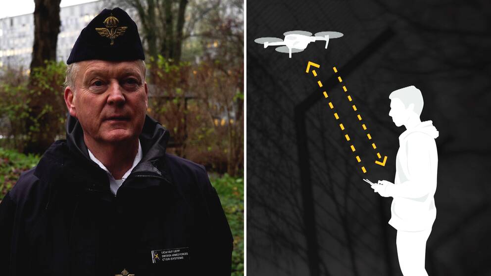 Ulf Lepp från Försvarsmakten bredvid en förklaringsbild på drönarflygning.