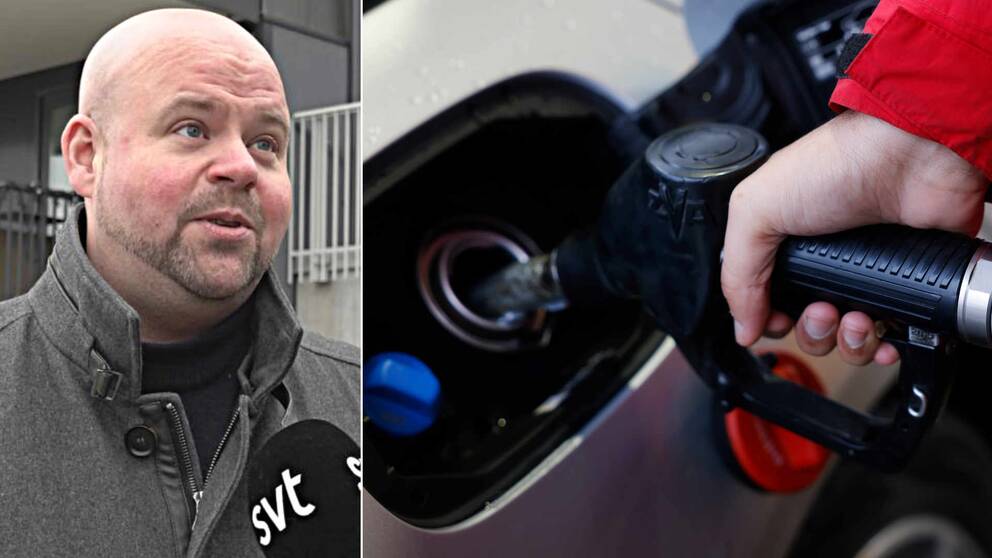 Landsbygdsministern Peter Kullgren och en bild på någon som fyller en bil med diesel