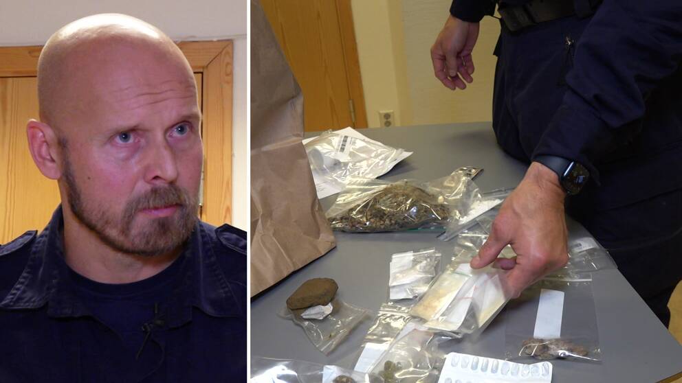 Bild på en polis och en bild på någon som håller i påsar med droger. Polisen heter Matias Hasselström och är gruppchef utredningssektionen Fyrbodal. Han berättar mer om hur polisen ska nå fler föräldrar om drogmissbruk,