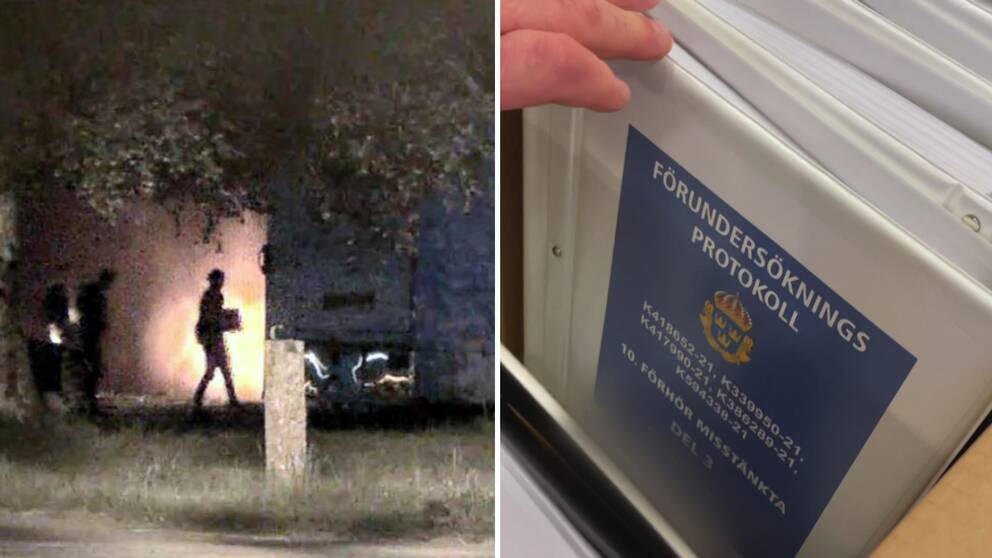 En bild från amfetaminfabriken i Sölvesborg där flera personer syns ur polisens förundersökning och en bild på en pärm med polisens förundersöknings protokoll från fallet.
