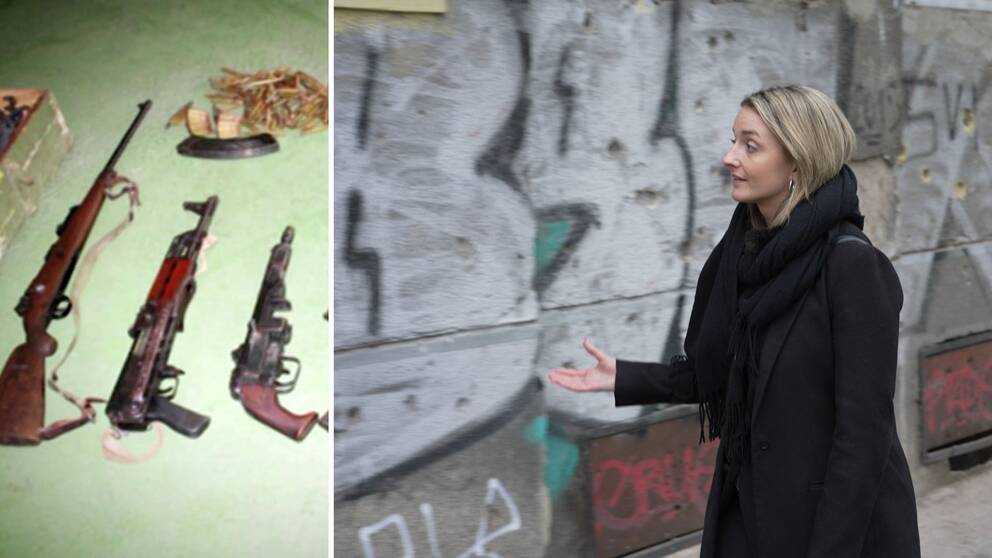 Delad bild, till vänster bild på olika vapen som ligger på ett bord. Till höger på SVT:s reporter Aida Arslanovic på plats i Sarajevo framför vägg med kulhål.