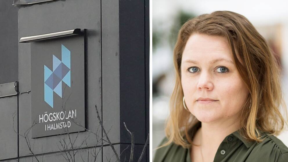 Bild på skylt på Högskolan i Halmstad och en bild på en mörkhårig kvinna. Kvinnan heter Malin Hallén och är vicerektor på Högskolan i Halmstad. Hon berättar om den nya chatboten ChatGPT.