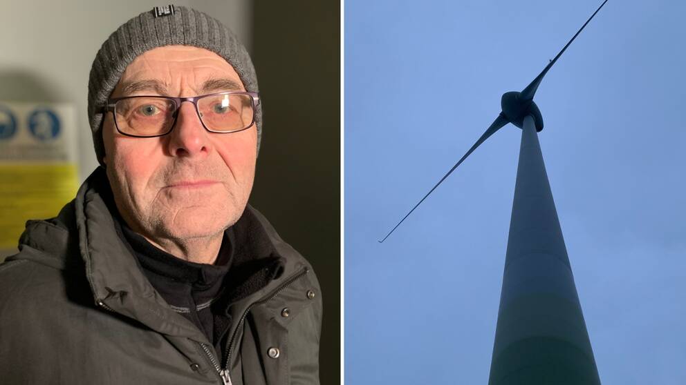 Bild på en man i mössa och glasögon och en bild på ett vindkraftverk. Mannen heter Per Claesson och är ordförande i  Mellsavind, Han pratar om skattepengarna som räddar kommunalt vindbolag i Örebro och Kumla kommuner.