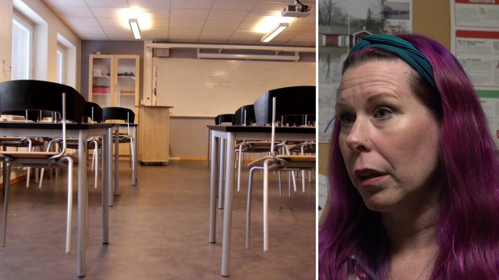 Bild på stolar som står på en rad i ett klassrum och en bild på en lilahårig kvinna. Kvinnan heter Carola Jansson och är gymnasielärare i Karlstad och tycker inte att skolan gör tillräckligt mot narkotikan. Hör henne berättar mer i klippet.