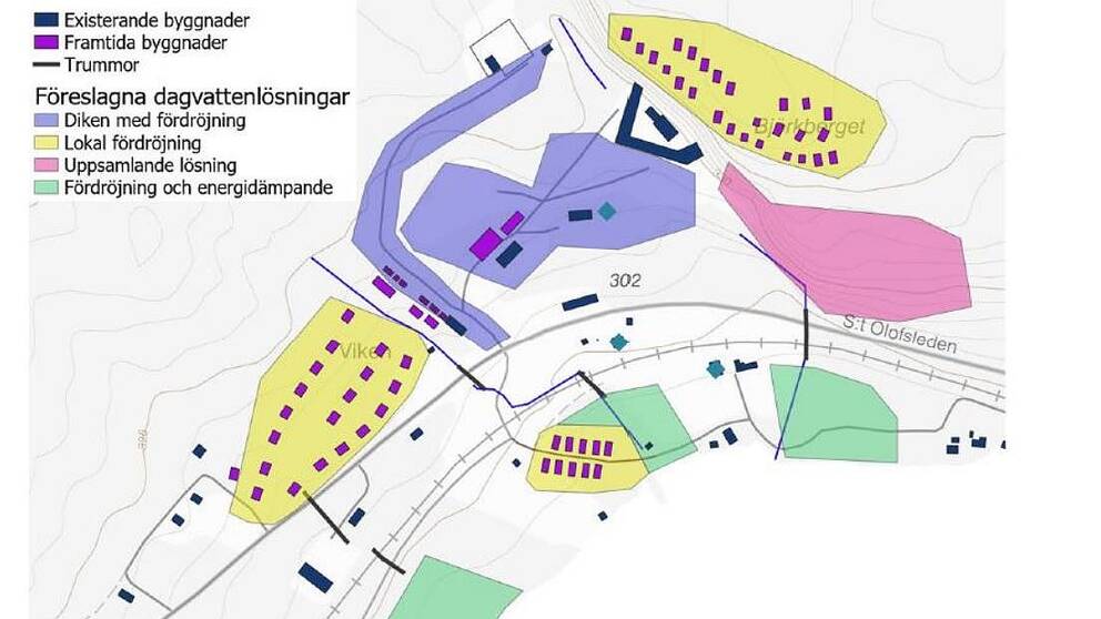 På bilden ser man var det är tänkt ny bebyggelse runt Mid Sweden 365 i Gällö. De nya byggnaderna är markerade i lila färg.