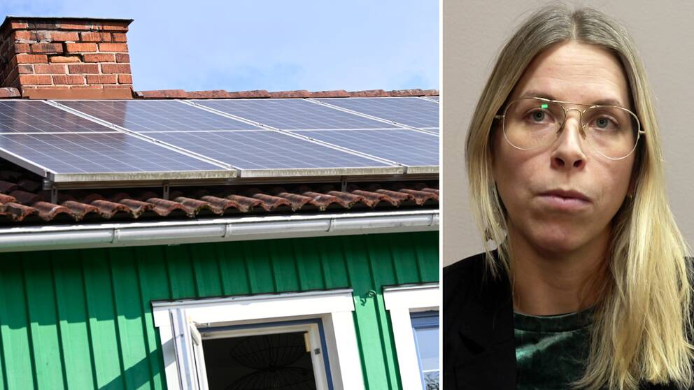 Bild på ett grönt trähus med solcellspanel på taket. Även bild på en ljushårig kvinna med glasögon. Hon heter Elin Larsson och är analytiker på Energimyndigheten i Eskilstuna. Hon berättar om varför de tycker att stöden för solceller skulle kunna fasas ut.
