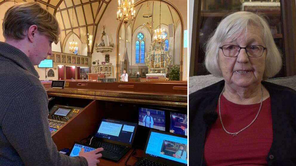 Bild på en ung kille som står i en kyrka framför massa små skärmar och en bild på en äldre dam med ljust hår och röd tröja. Killen heter Jacob Gawlitza och sköter Fässbergs församlings livesända gudstjänster som bland annat damen Lille-Bill Ekman ser på.