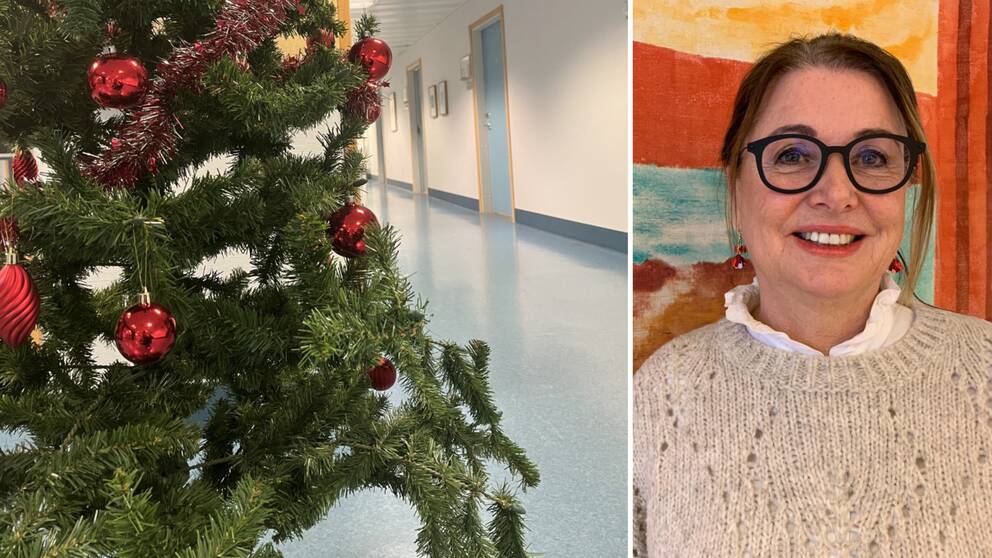 Julgran i sjukhusmiljö, till höger ser vi Caroline Herlin, områdesdirektör länssjukvårdsområde somatik