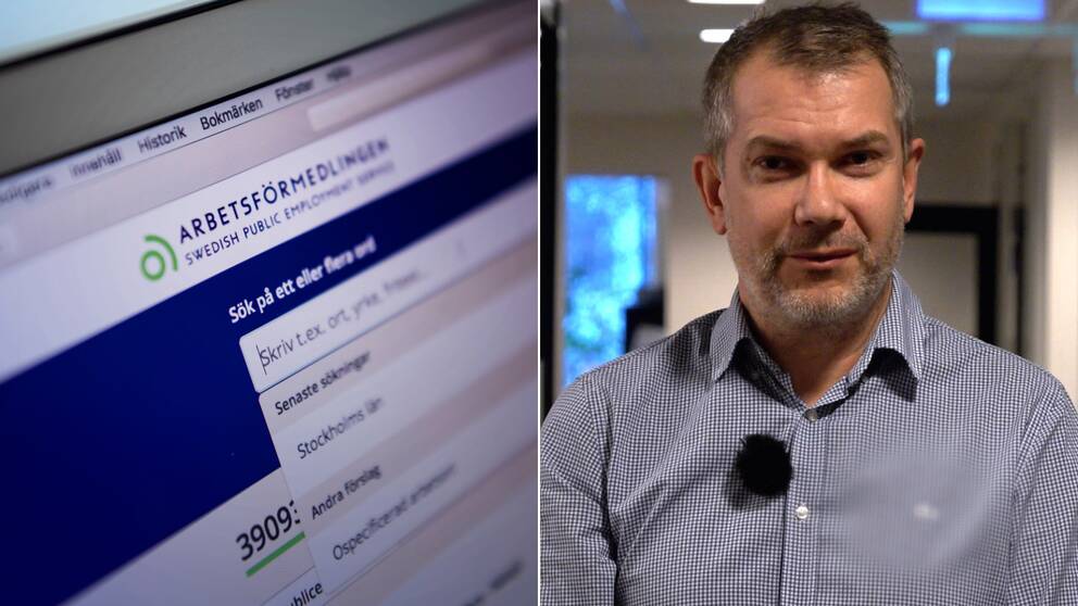 Bild på en skärm med Arbetsförmedlingens hemsida och en bil på en man med skäggstubb och en rutig skjorta. Mannen heter Joakim Möllerström och är Arbetsförmedlingens sektionschef. Han förklarar hur mycket och varför har arbetslösheten bland unga sjunkit i Halland