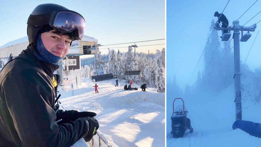 Delad bild – till vänster står en ung kille med svart hjälm och skidglasögon och blickar ut över en lift. Till höger en bild på släplift där en lifttekniker står och sopar av snö från stålvajrar.