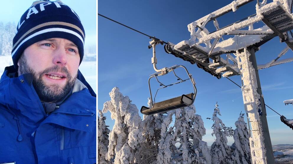 Delad bild – till vänster en bild på en man med skägg, blå jacka och mössa. Till höger en bild på en sittlift och en massa snö.