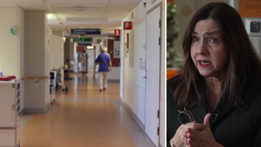 Bild på en sjukhuskorridor och en en bild på en kvinna. Kvinnan heter Eva Domanders och är ordförande för branschorganisationen Kompetensföretagen. Hon tycker till om hur farliga hyrläkare kan fortsätta jobba fem år efter SVT:s avslöjande.