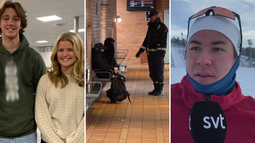 två ungdomar, resecentrum och en skidåkare