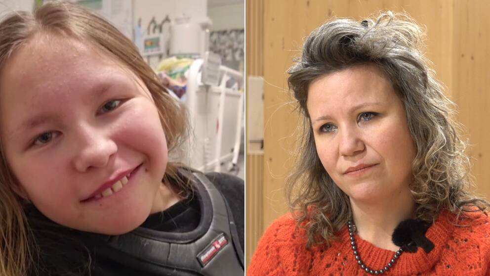 Till vänster bild på Luna som ler på sjukhuset, till höger bild på Emma som intervjuas på Kulturhuset i Skellefteå. Hon har brunt hår, röd tröja och ser allvarlig ut.