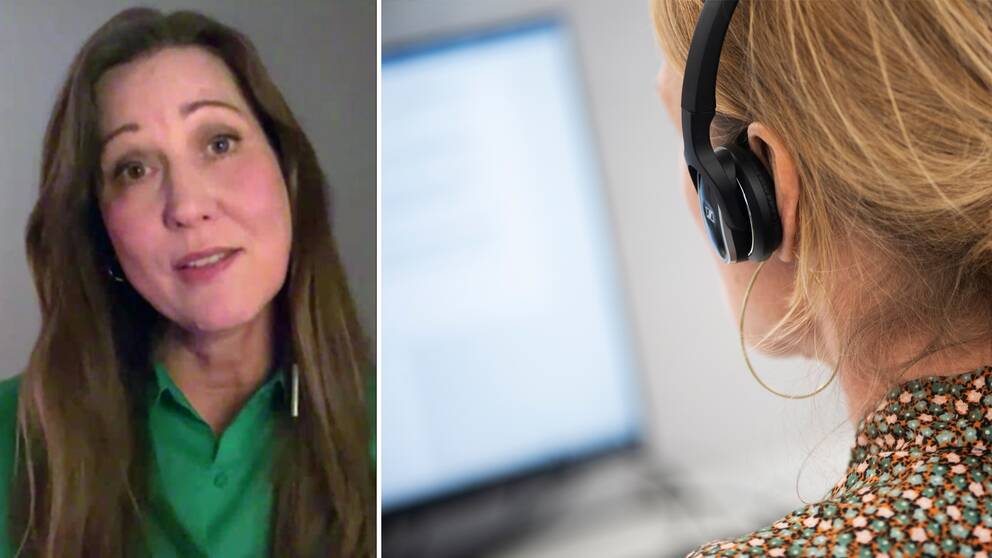 En bild på Karin Schulz, generalsekreterare på Mind. Till höger en bild på en kvinna som pratar i telefon.