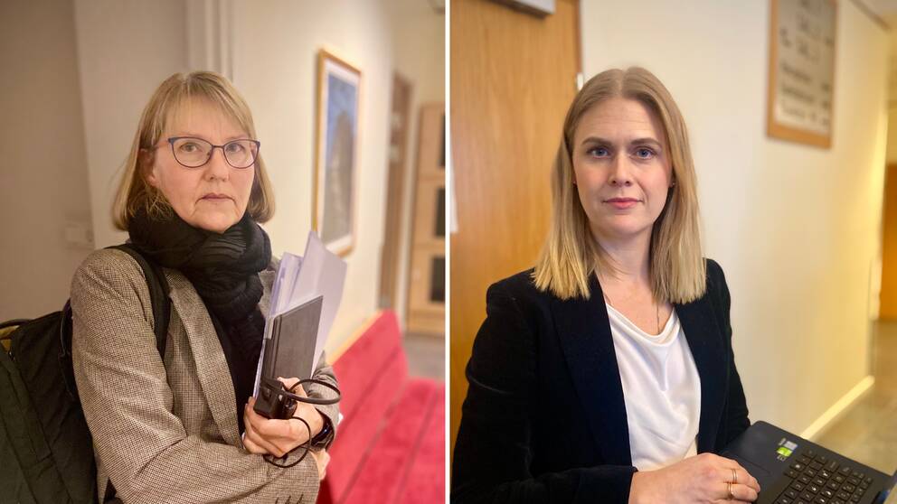 I foto till vänster: Agnetha Hillbom, försvarare. I foto till höger Caroline Diederichsen, målsägandebiträde. Bägge står upp i hallen vid Hudiksvalls tingsrätt.