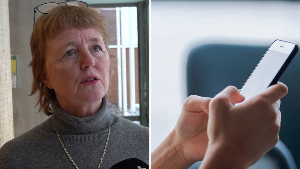 Lisbet Gibson till vänster med kortklippt hår och grå topp. Till höger i bild händer som håller i en mobiltelefon.