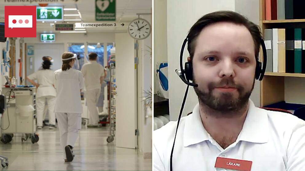 Anders Lilja, läkare och verksamhetschef på Avesta lasarett, intervjuas i headset om det tuffa läget på Avesta sjukhus. Till höger: en korridor från ett sjukhus med flera i personalen.
