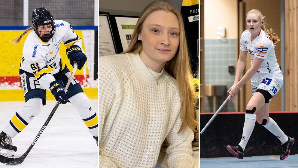 Tre bilder på Mira Markström från Jönköping, som spelar hockey i HV71 och innebandy i JIK. Till vänster en bild på henne från en hockeymatch, i mitten står hon hemma i sitt rum och till höger en bild från en innebandymatch.
