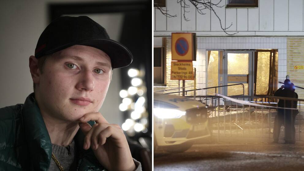 Två bilder. Till vänster rapartisten Einár som sköts till döds 2021. Till höger en bild på en lägenhetsport som fått skador efter en explosion.