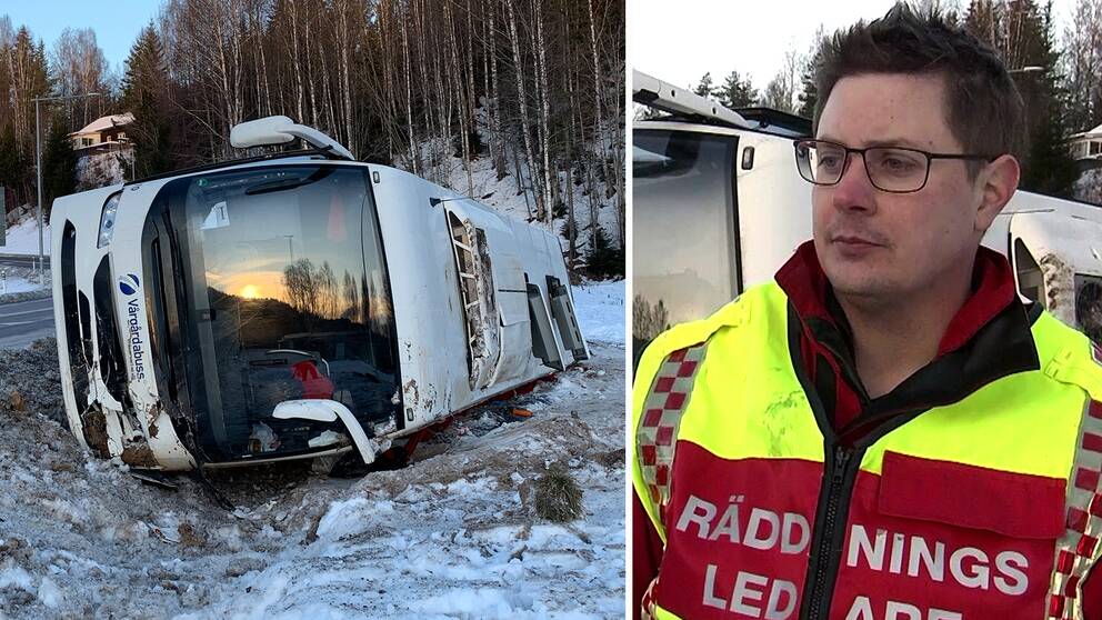 Bussen ligger på sidan efter att ha kört av vägen på E45 i höjd med Stöllet. Och bild på räddningsledaren Johan Westh.