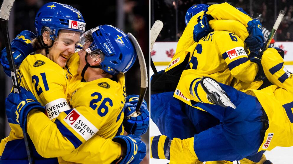 Svenskt firande efter avgörande målet i JVM-kvarten mot Finland