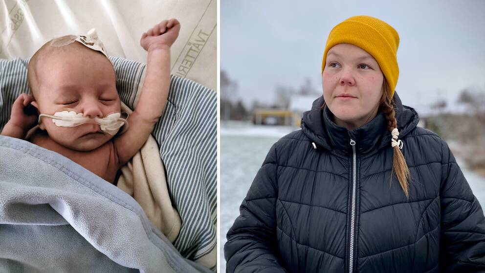 Bild på bebis med en sond i näsan och bebisens mamma Medina Toiviainen utomhus med gul mössa