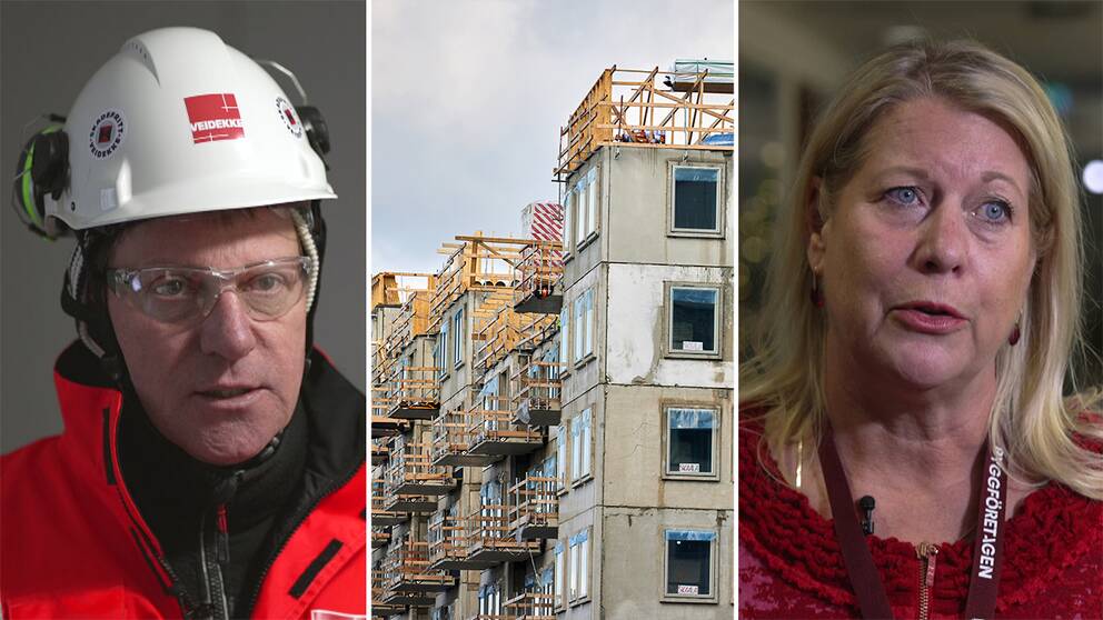 Bild på Lennart Weiss, bild på hus som byggs och bild på Catharina Elmsäter-Svärd.