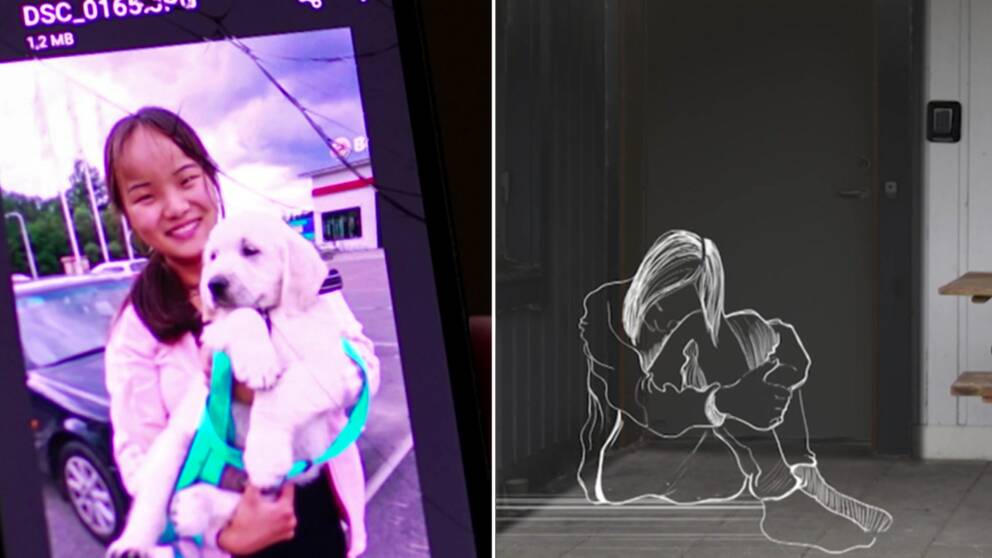 Foto på en mobiltelefon med trasig skärm, en tjej (Jenny Herberts) ler med en hund i famnen, delad bild på en låst dörr, en tecknad flicka sitter ner på marken med ansiktet i knäet