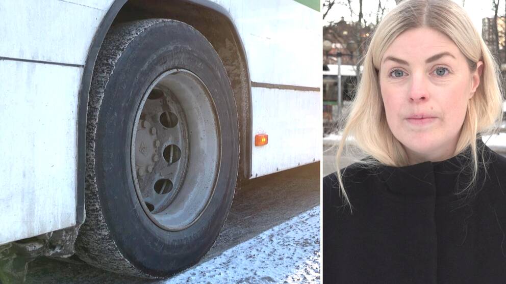 Till vänster ett bussdäck, utan dubbar. Till höger bild på Michaela Björk från Din tur med svart jacka och blont hår.