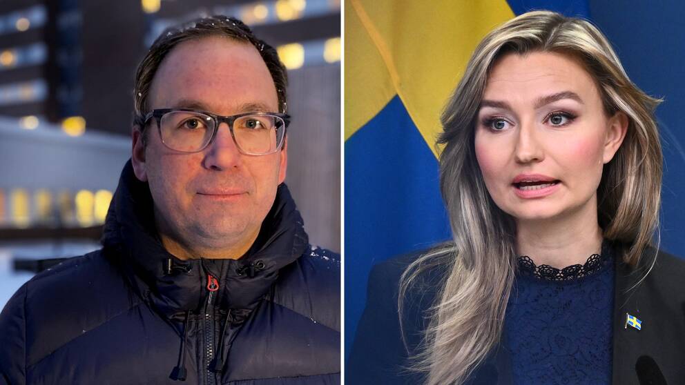 Till höger: Bild på Peder Björk som står utomhus och är en av de socialdemokrater som är kritiska mot regeringen gällande planerna på grön omställning i norra Sverige. Till vänster: Bild på näringsminister Ebba Busch inomhus med en svensk flagga i bakgrunden.