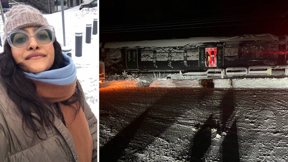 Caila Singh, kvinna utomhus i vinrig miljö, bild på tåg med snö på.