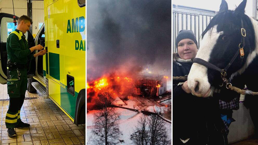 en ambulanssjuksköterska vid en ambulans, brand i en byggnad och en kvinna står bredvid en häst.