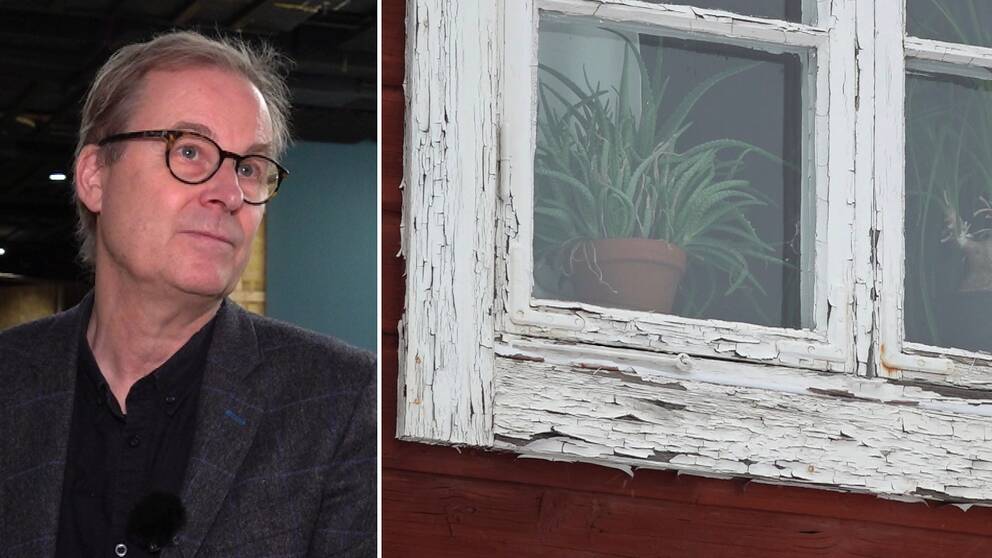 Jamtli måste skjuta på underhållet av sina byggnader, säger Olov Amelin, chef på Jamtli. På bilden ser man till vänster Olov Amelin, en blond man med mörkbågade glasögon. Till höger ser man ett fönster med flagande färg.
