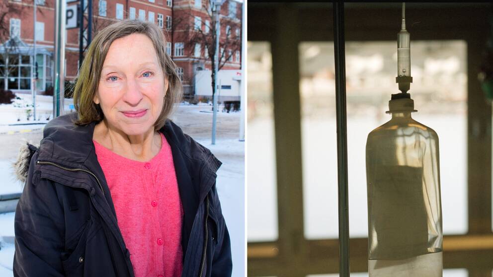 Bild på kvinna med rosa tröja och svart jacka. Även bild på medicin i dropp. Kvinnan heter Susanne Bejerot och är professor i psykiatri vid Örebro universitet. Hon kom på idén att testa MS-medicin mot schizofreni.