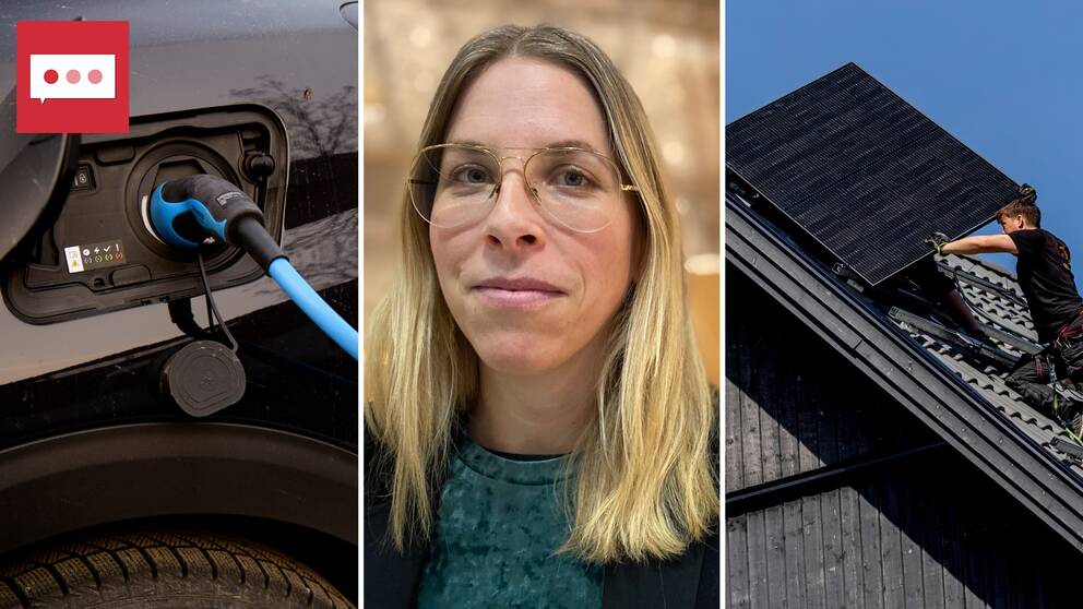 Bilden är delad i tre delar. Den vänstra bilden är en närbild på en laddsladd i uttaget på en elbil. Den högra bilden är en bild på en solcellsmontör som installerar en solcellspanel på ett villatak. Bilden i mitten är en porträttbild på Elin Larsson som arbetar som analytiker på Energimyndigheten. Hon har blont axellångt hår och glasögon med guldiga pilotbågar. Hon tittar in i kameran.