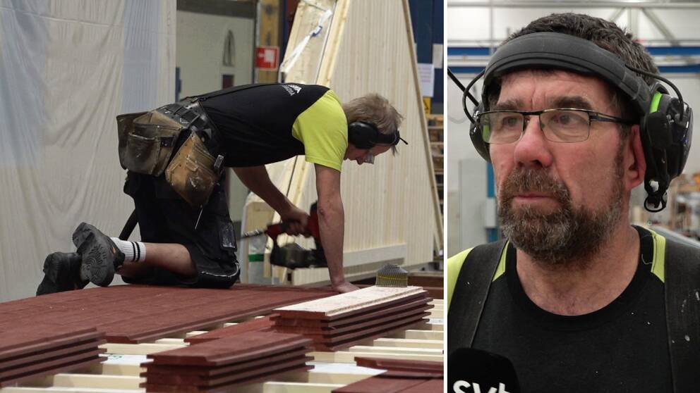 Man som ligger på knä i fabriken på Anebyhus i Åseda och bygger och porträttbild på Per Melkersson som är anställd som husbyggare.